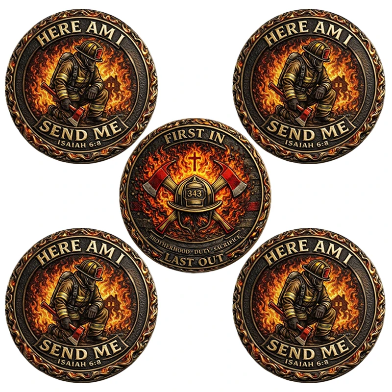 5pcs Firefighter Here Am I Send Me Commemorative Coins Isaiah 6:8 Brotherhood Duty Sacrifice Souvenir Coin Gifts for Firemen