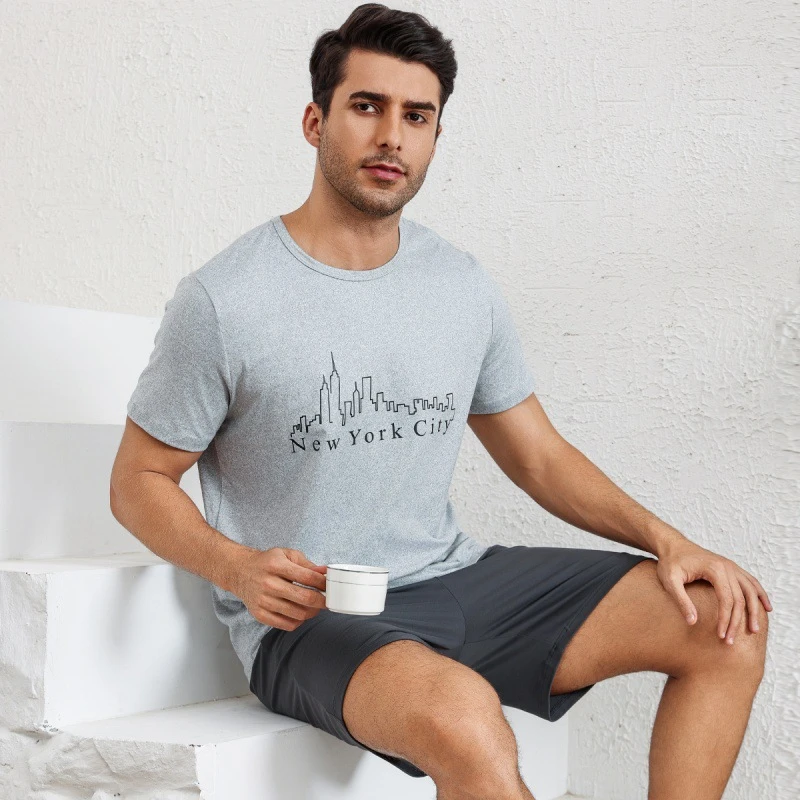 

Men's Letters Print Pajama Set Plus Size Short Sleeve Top And Shorts Breathable Loose Relaxed Fit Casual Attire Sports Wear Pjs