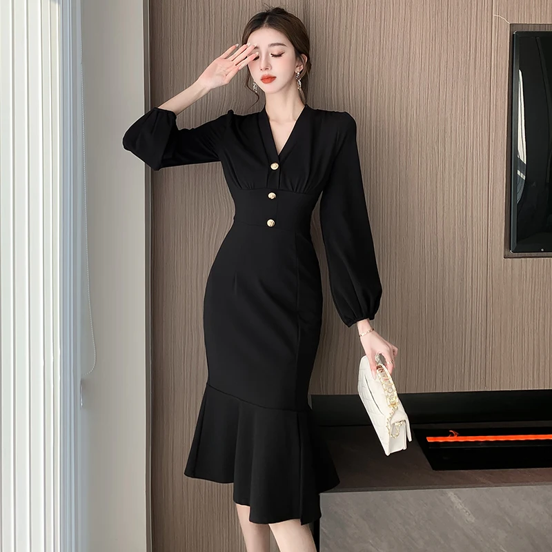 French Spring Black Office Ladies Mermaid Dress 2024 New High Quality Women V Neck Buttons Deco Ruffles Bodycon Party Vestidos