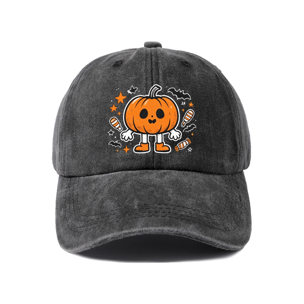Vintage Washed Baseball Cap with Cute Pumpkin Trick Or Treat Graphic, Adjustable Unisex Dad Hat, Streetwear Gift