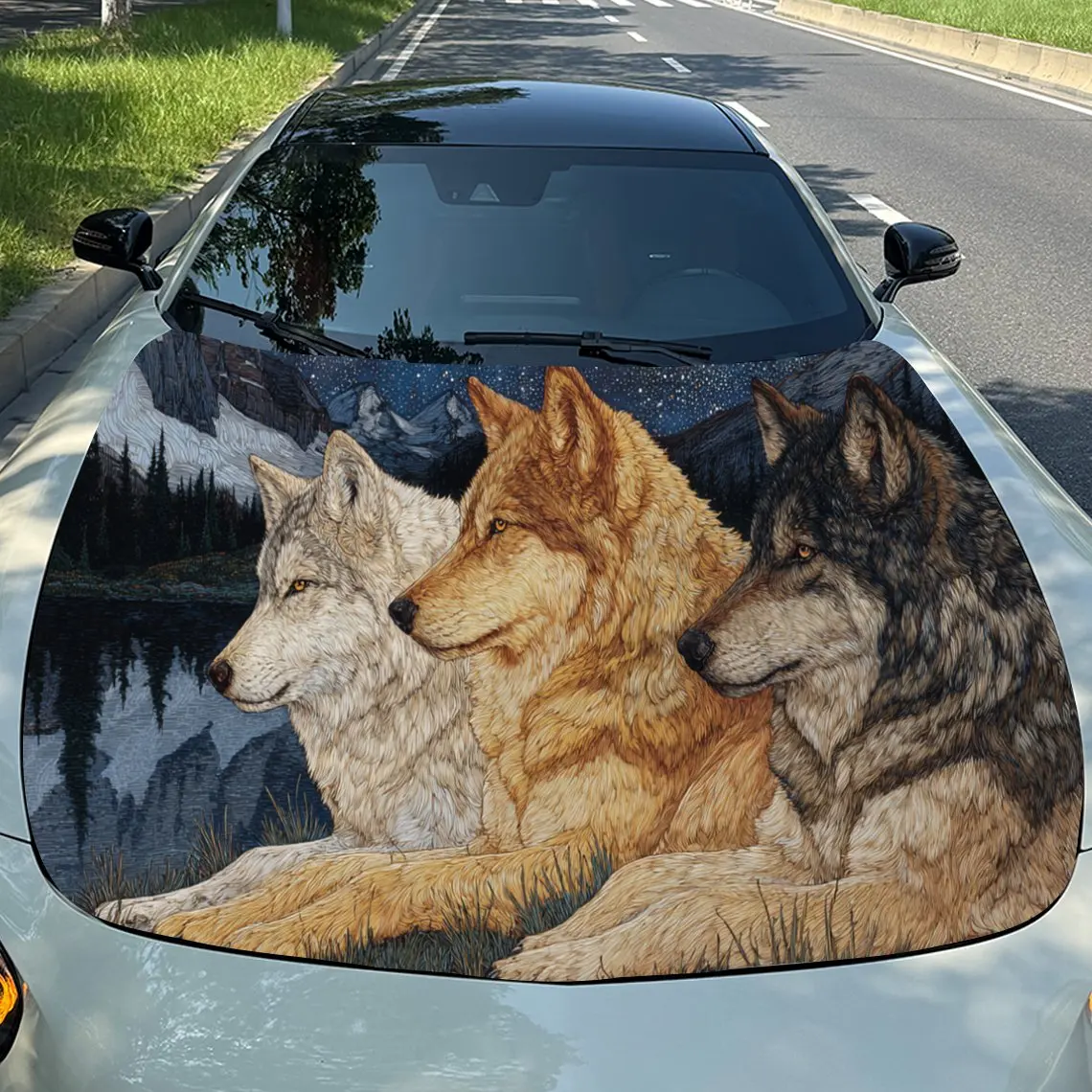 

Wolf Pack Mountain Exploration PVC Car Engine Hood Vinyl Wraps, Self-Adhesive Waterproof Car Hood Decal Sticker, Car Decoration