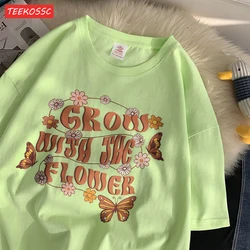 Casual Cotton Women'S T-Shirts Grow With The Flower Printing Tops Oversize Crewneck Soft Short Sleeve Fashion Female Clothes