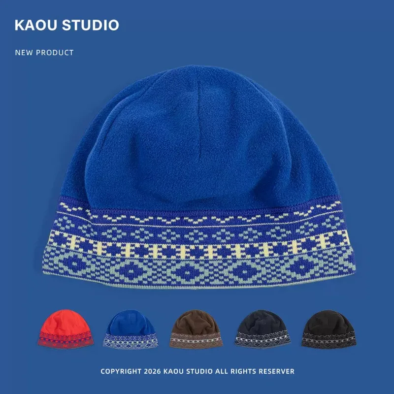 Retro Fair Isle Geometric Pattern Fleece Beanies Unisex Winter Warm Knit Edge Hat Outdoor Windproof Ski Hiking Cap Men Women