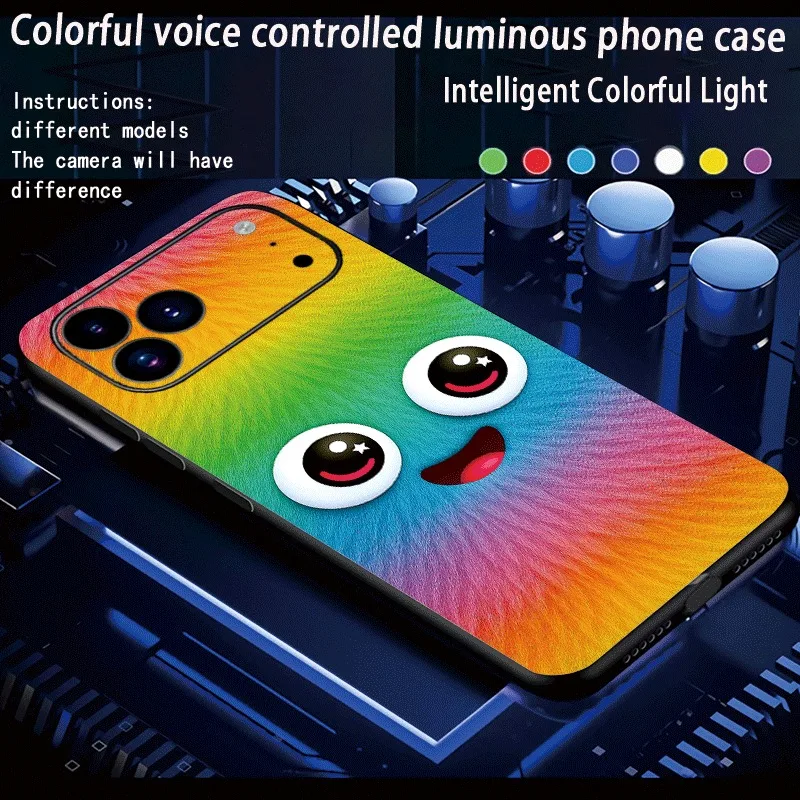 

Cute Smiling Face Rainbow Gradient LED Phone Case For iPhone 16 15 14 Plus 13 12 11 17 Pro Max Sounc Control Cover Glow