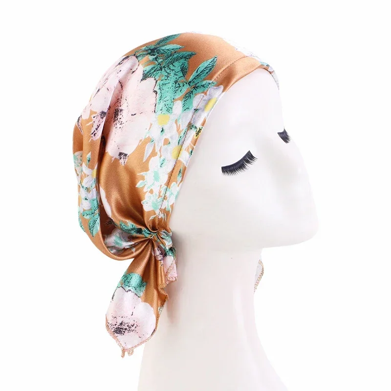 Satin Muslim Women Printed Pre-Tied Headscarf Elastic Female Turban Cancer Chemo Hat Hair Loss Sleep Caps Cover Headwrap Bandana