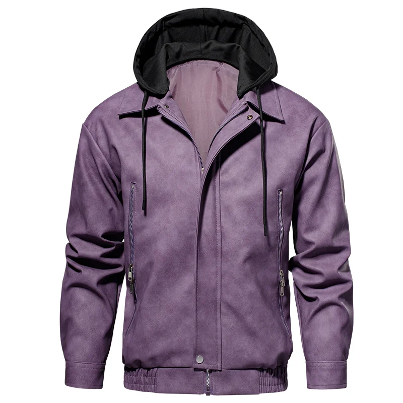 

Men's Youth Hooded PU Leather Bomber Jacket Male Cargo Jacket Brand Men Streetwear Fashion Loose Spring Autumn Leather Jacket
