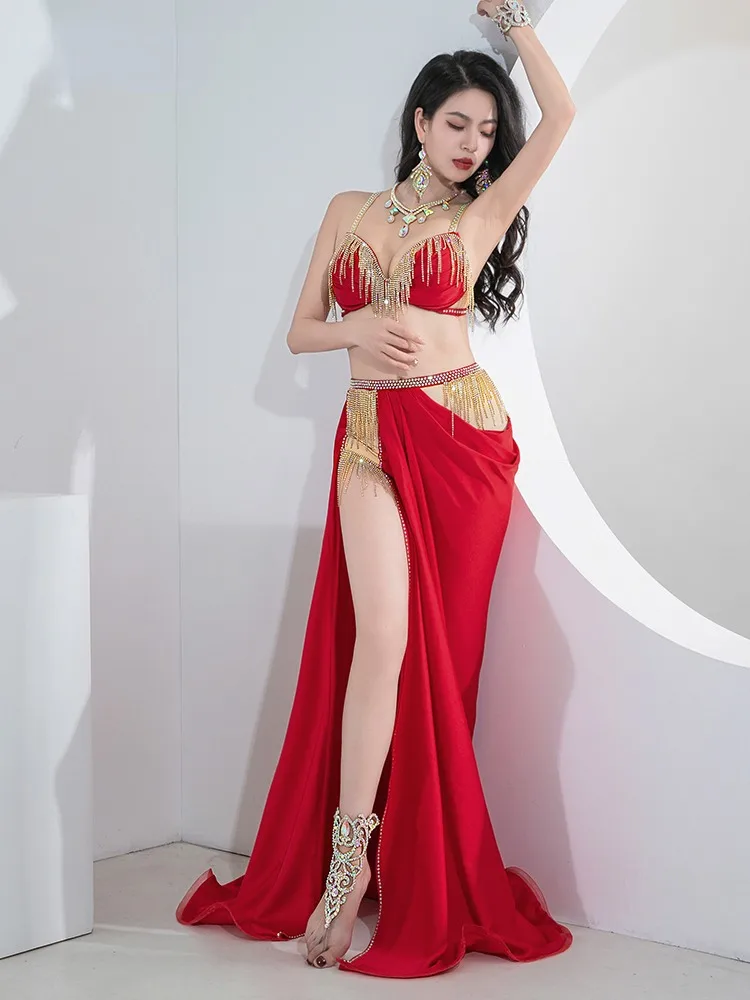 

Belly Dance Suit Diamond-Studded Sling Bra Split Big Swing Skirt Performance Clothes Set Oriental Dancing Competition Clothing