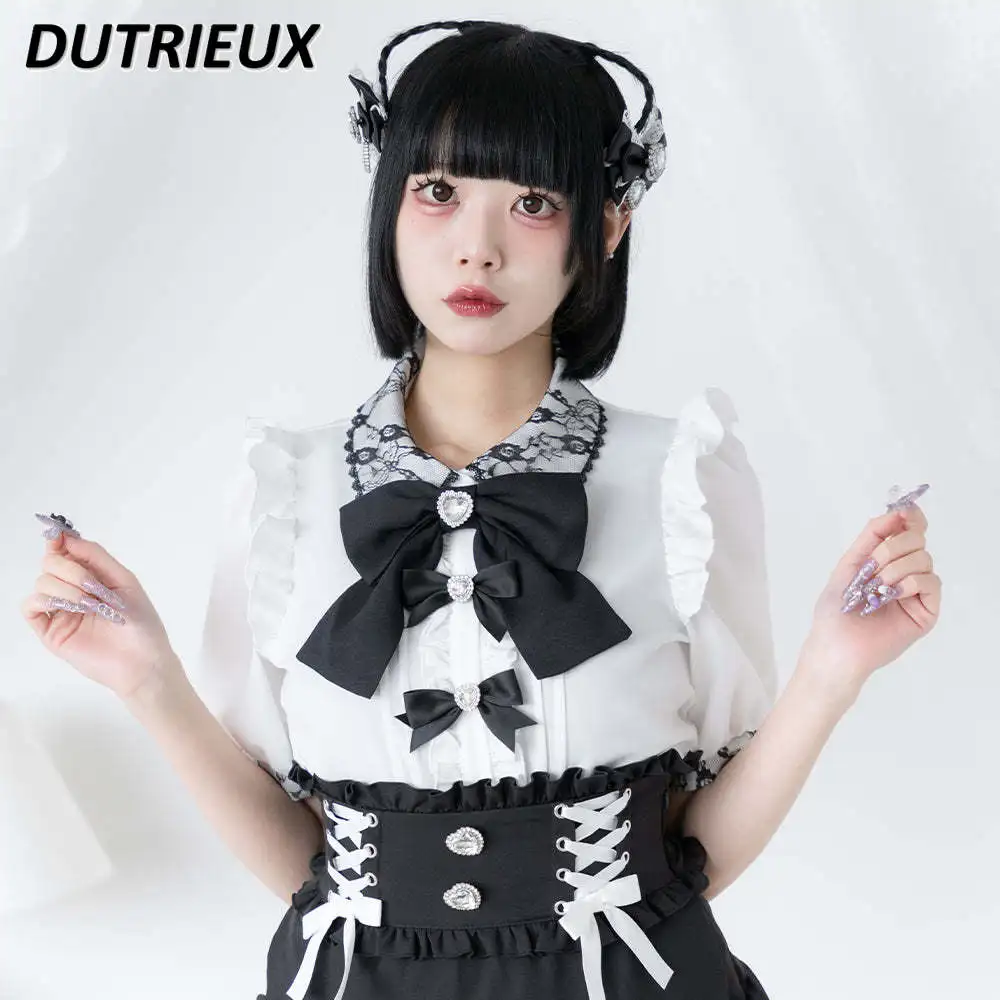 Japanese Style Sweet Cute Lace Collar Lolita Shirt Big Bow Short Sleeve Top Fashion Casual Blouses Elegant Women\'s Tops Summer