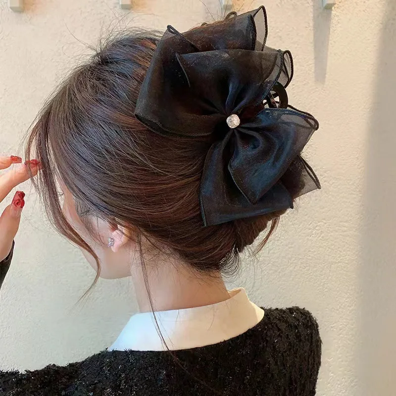 Korean Women Black Bow Grip Clip Elegant Fabric Ponytail Braid Claw Clip Retro Rhinestone Shark Clip Female Hair Accessories