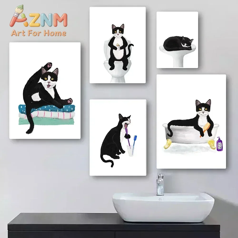 AZNM Frameless Canvas Wall Art Funny Tuxedo Cat Bathroom Toilet Bath Brushing Teeth Illustration Print Restroom Wall Decor Poste