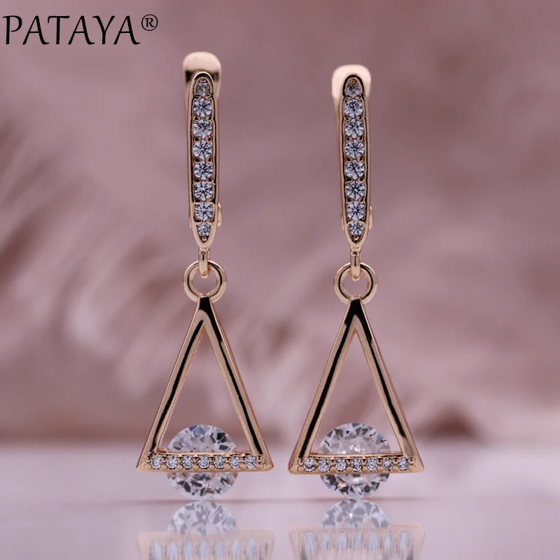 PATAYA New 585 Rose Gold Color Long Pendant Earrings For Women Micro Wax Mosaic Natural Zircon Daily Simple Fashion Jewelry 2022