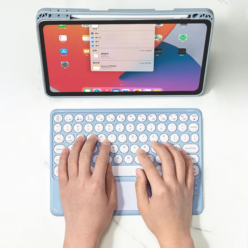 Keyboard kompatibel Bluetooth Mini 78 tombol, dengan bingkai bantalan sentuh tutup kunci bulat untuk iPad untuk ponsel Tablet Android