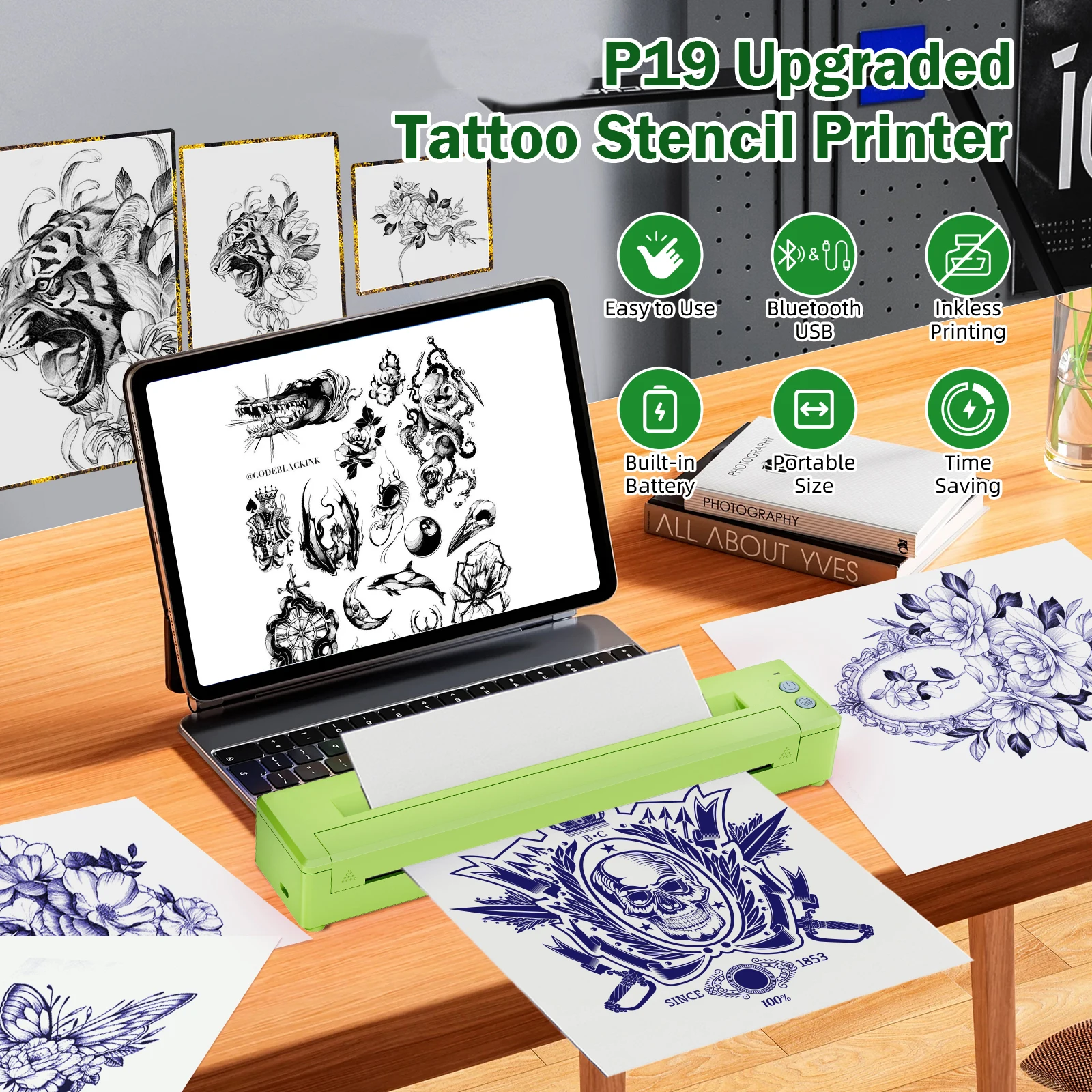 

P19 Wireless Temporary Tattoo Printer Portable Tattoo Transfer Thermal Copier Machine Compatible for iOS Android Phone iPad PC