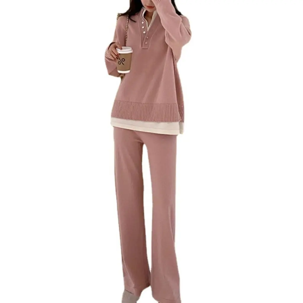 

Женский модный комплект из двух предметов, осенний трикотаж высокого размера, широкие брюки, новый стиль для сестры больших размеров