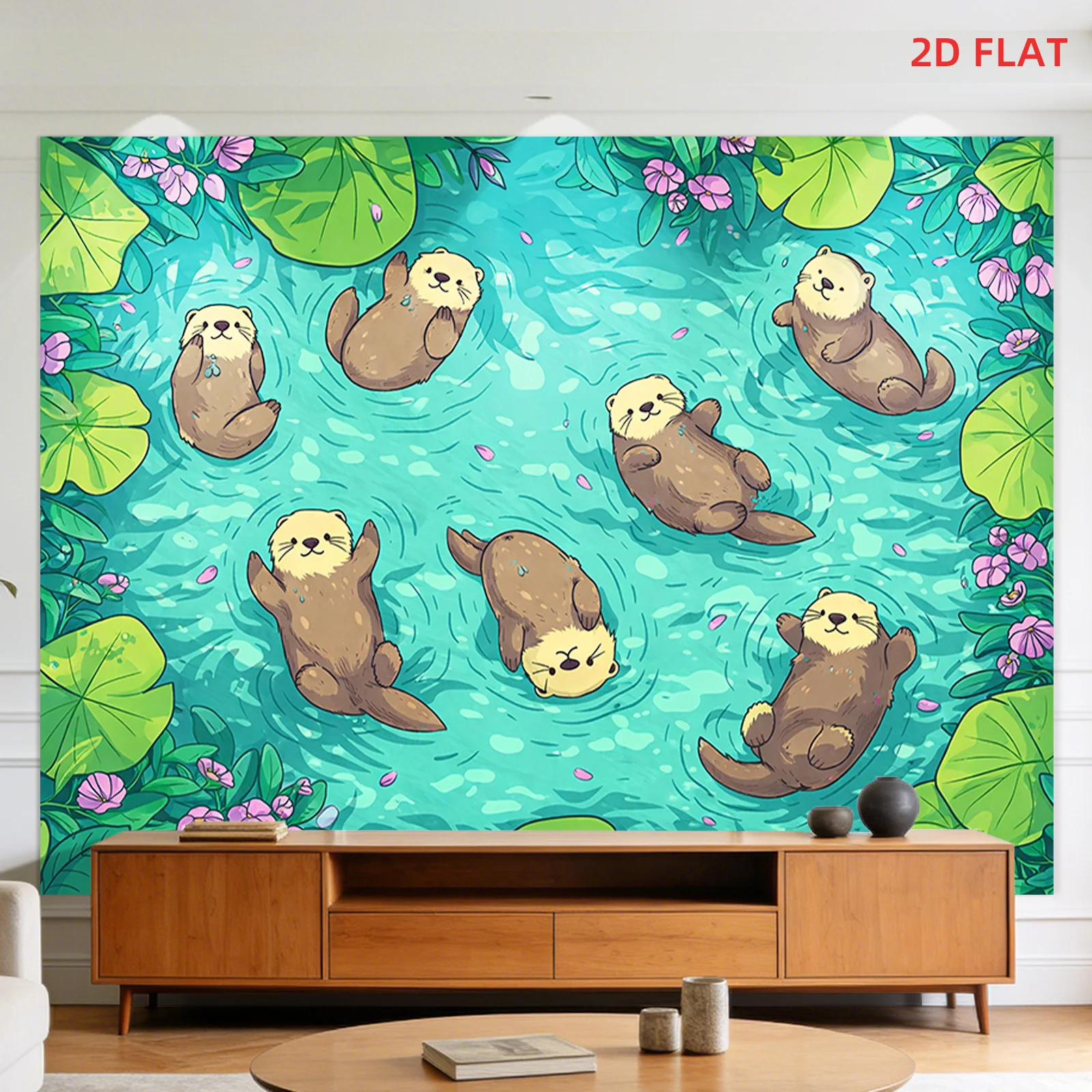 Otter Tapestry Polyester Wall Hanging Swimming Otters Lily Pads Flowers Water Scene Living Room 180x280cm
