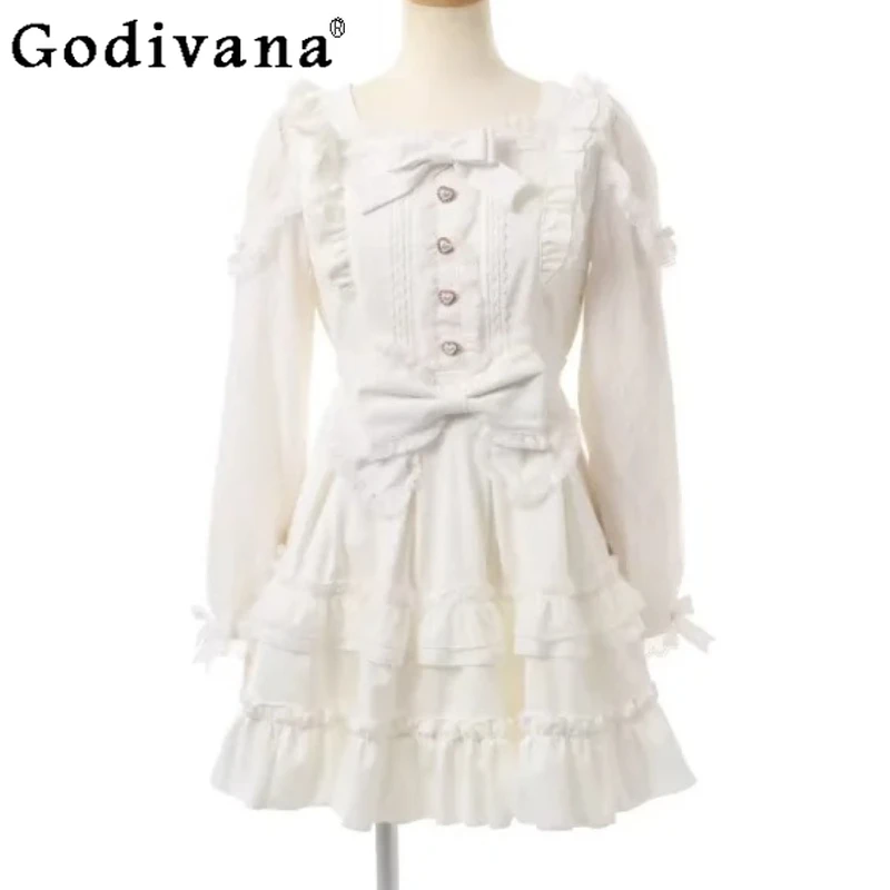 

Spring Autumn Large Size Lace Off Shoulder Square Neck Cake Dresses Sweet Girl Age Reduction High Waist A-line Japanese Dress