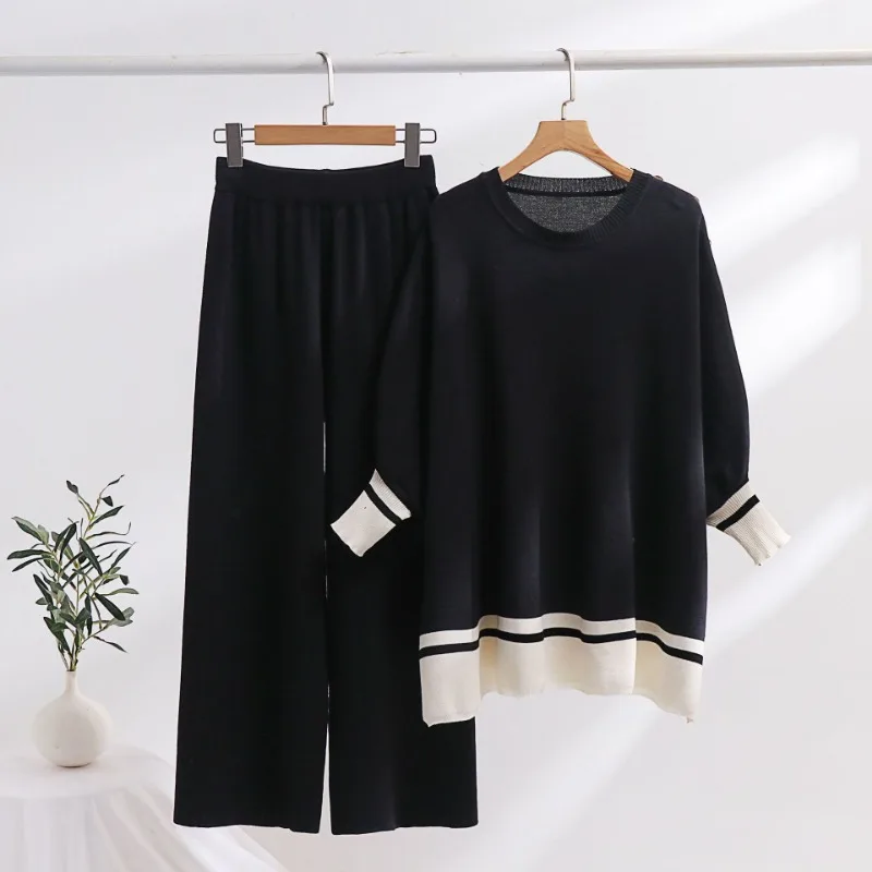 Women Two Piece Set Knit Sweater Full Sleeve Round Neck Sweaters Loose Solid Splice Wide Leg Pants Elastic Waist Casual