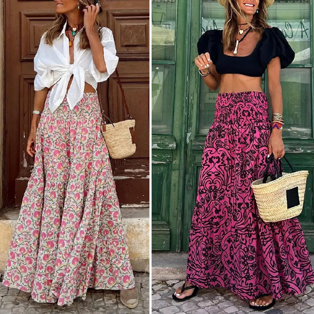 

Women Skirt High Waist Elastic Waistband Maxi Skirt Patchwork Ruffles Large Hem Retro Floral Print A-Line Holiday Skirt