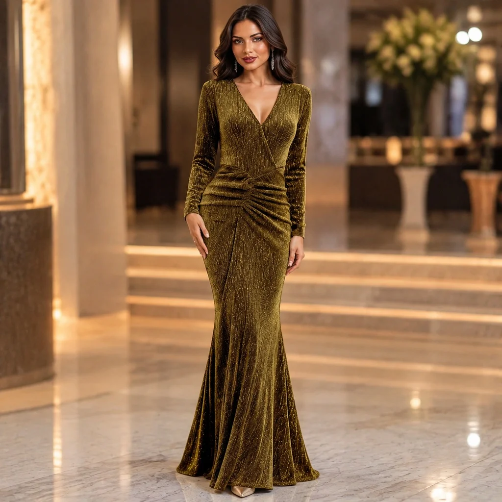 Long Sleeve V Neck Dress Maxi Length Elegant Style with Fitted Waist Date Luxury Style Long Sleeves Pleated Dress for Women