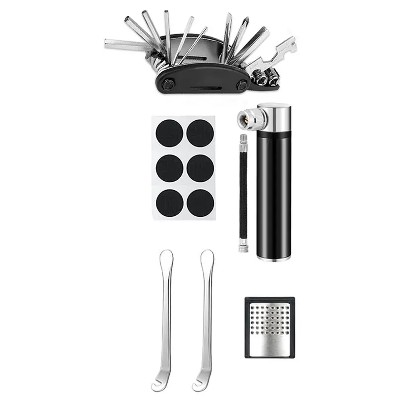 A74K-Bicycle Repair Kit With Saddle Bag Bicycle Multitool Mini Air Pump