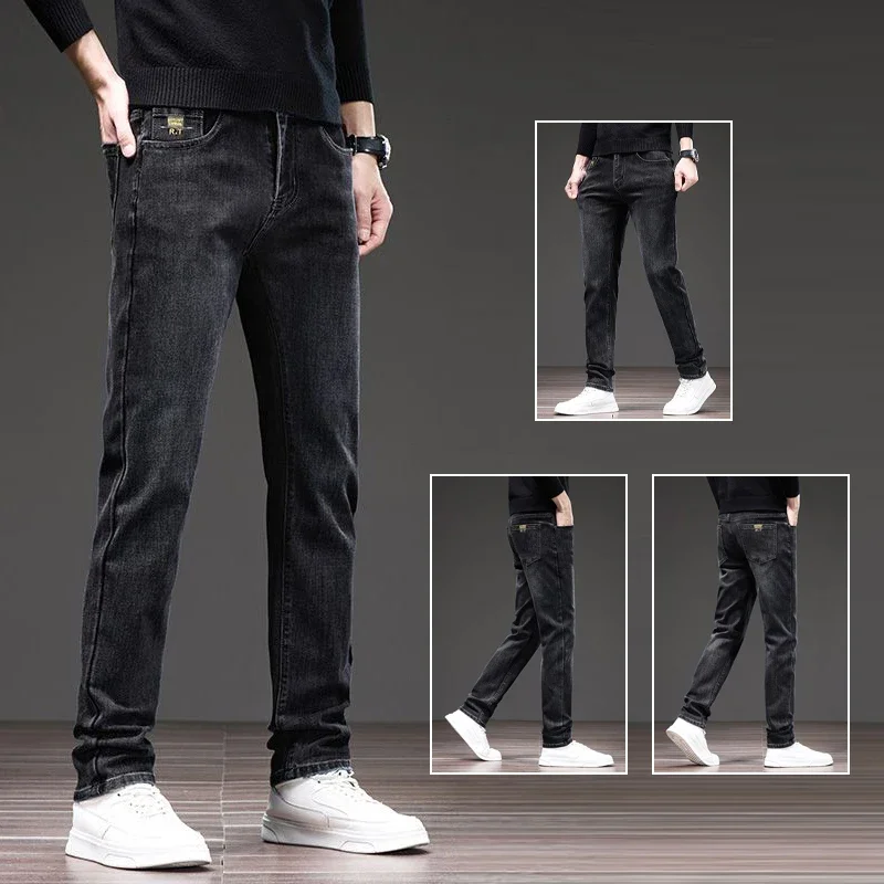 

Удобные облегающие синие брюки Haze, 2024, мужские весенне-осенние эластичные джинсы с принтом, мужские свободные прямые модные джинсовые брюки