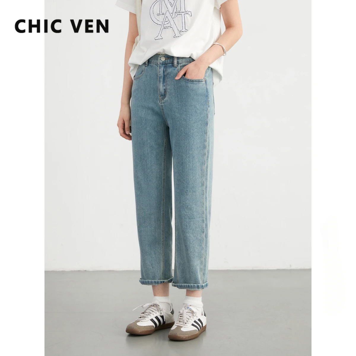 CHIC VEN 여성용 데님 바지, 블루 캐주얼 슬림 탄성 하이 웨이스트 스트레이트 레그 청바지, 크롭 파이프 바지, 여름 2024