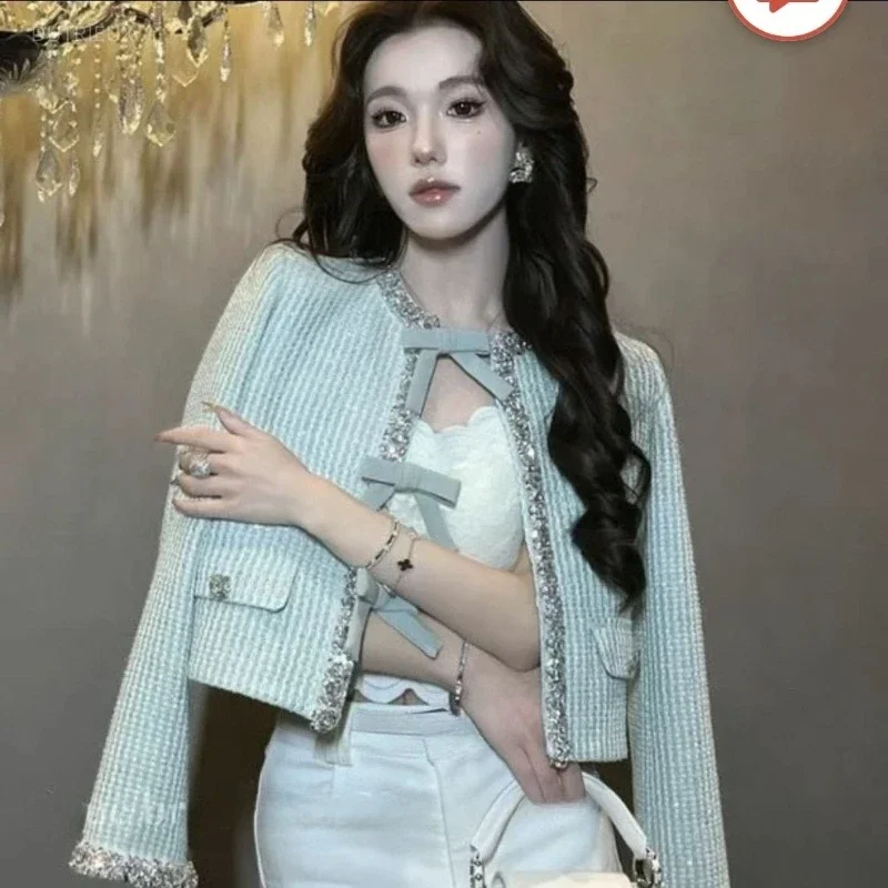 New French High End O Neck All Match Fairy Coat Fashion Temperament Luxury Pearl Appliques with Bow Design Sweet Short Jacket