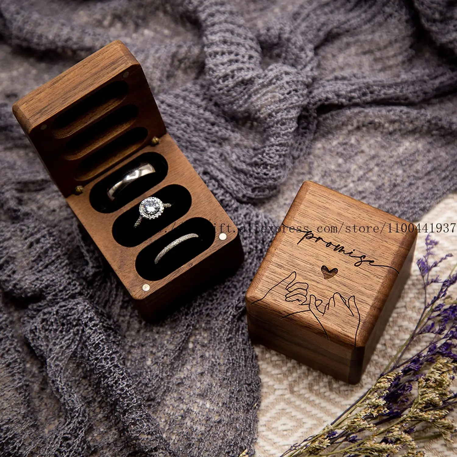 

Personalized Wedding Ring Box - 3-Compartment Walnut Jewelry Case Custom Name/Date Engraved Vintage Earring Band Keeper