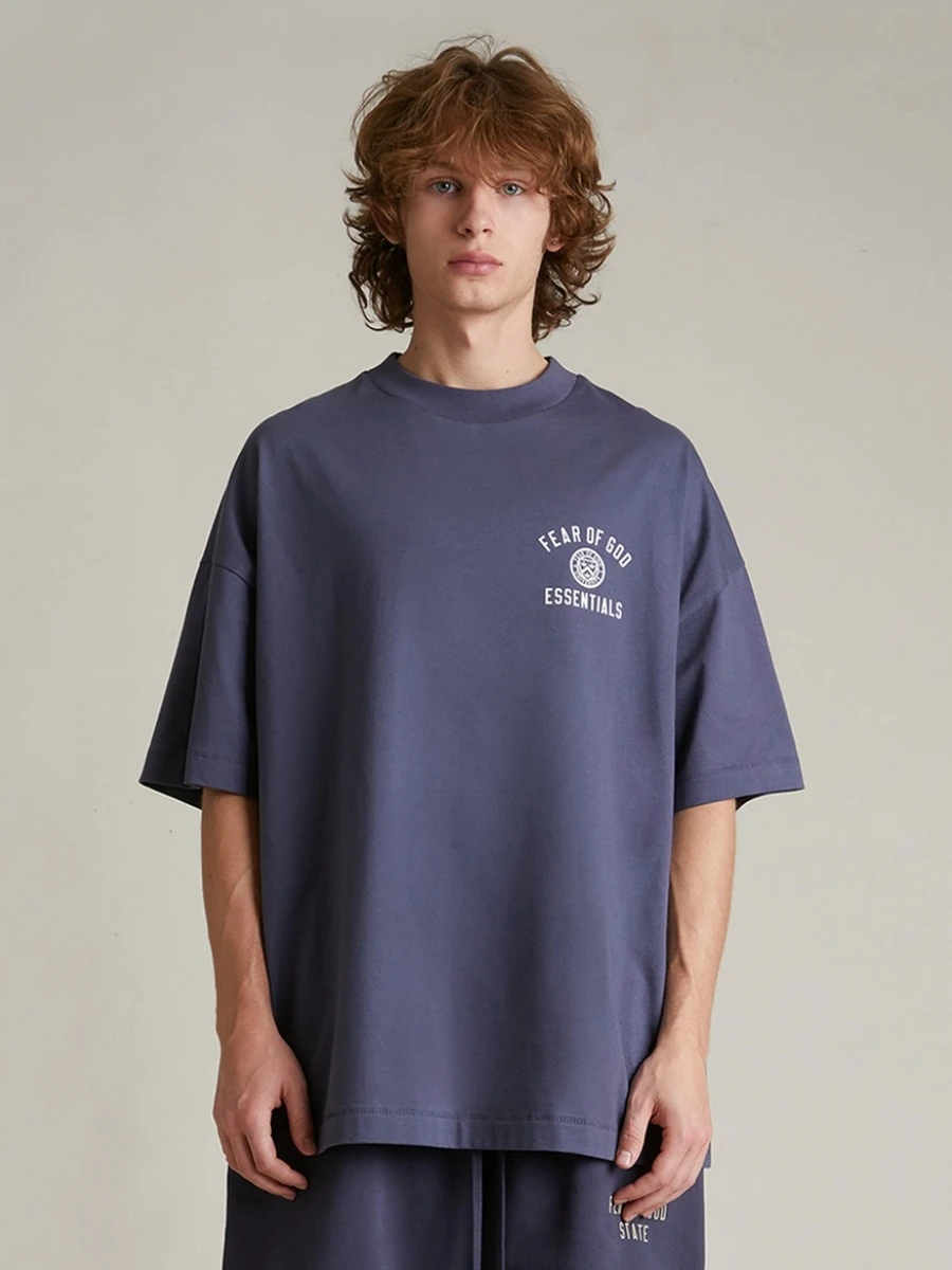 

entials Holiday Series Letter Print High Street Loose Casual ort Sve T-irt for Men Cotton round Ne Summer