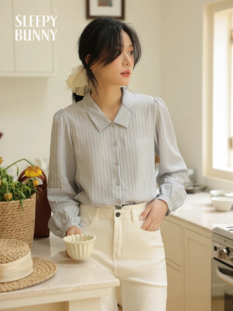 Women Subtle Striped Puff Sleeve Shirt Spring Fashion Loose Fit Elegant Office Blouse High-End Button-Up Top for Daily Wear