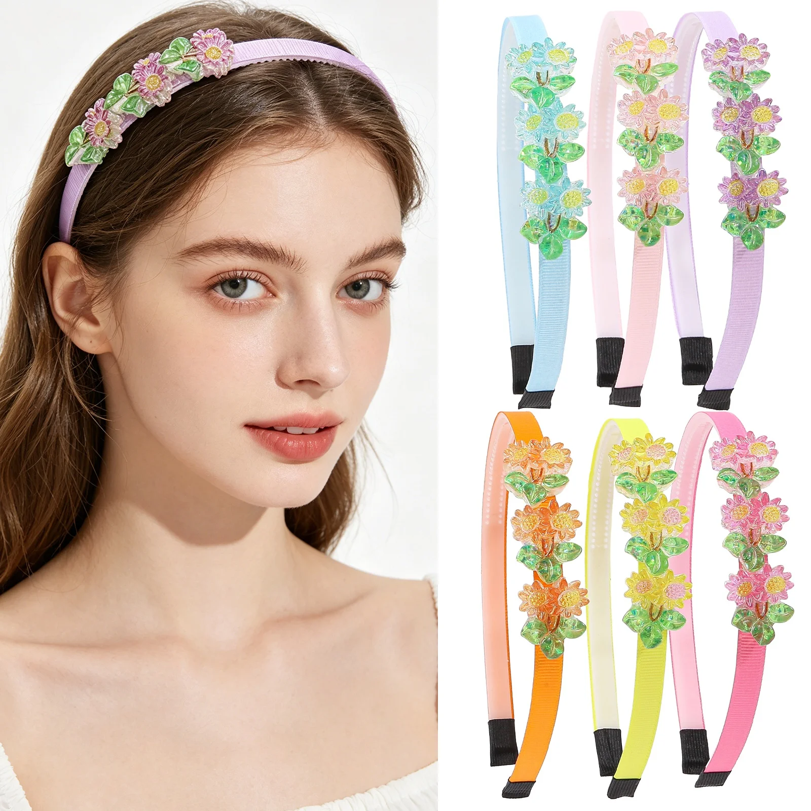3/6 pieces of transparent acrylic daisy girl headband in candy colored floral silk.