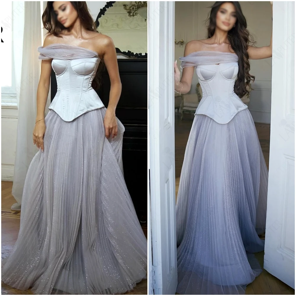 

Мятые серые платья для выпускного вечера с изогнутым атласным корсетом, вечернее платье с открытыми плечами, мятая юбка трапециевидной формы, торжественное платье 2025