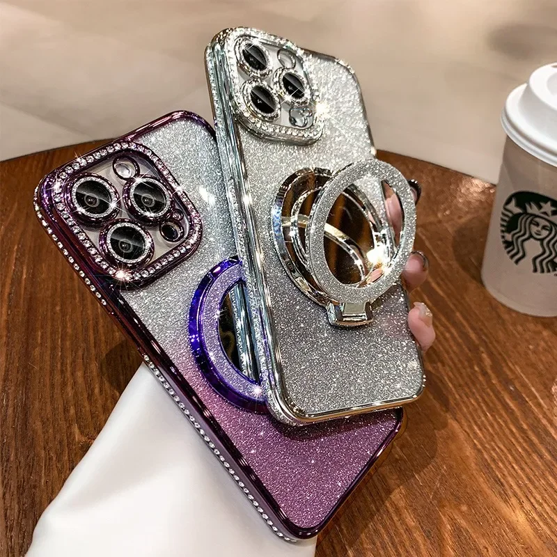 Luxus Diamant klar Glitter Magsafe Fall für iPhone 16 14 13 12 11 Pro Max 15plus Spiegel Magnet Telefon halter Stand Softcover