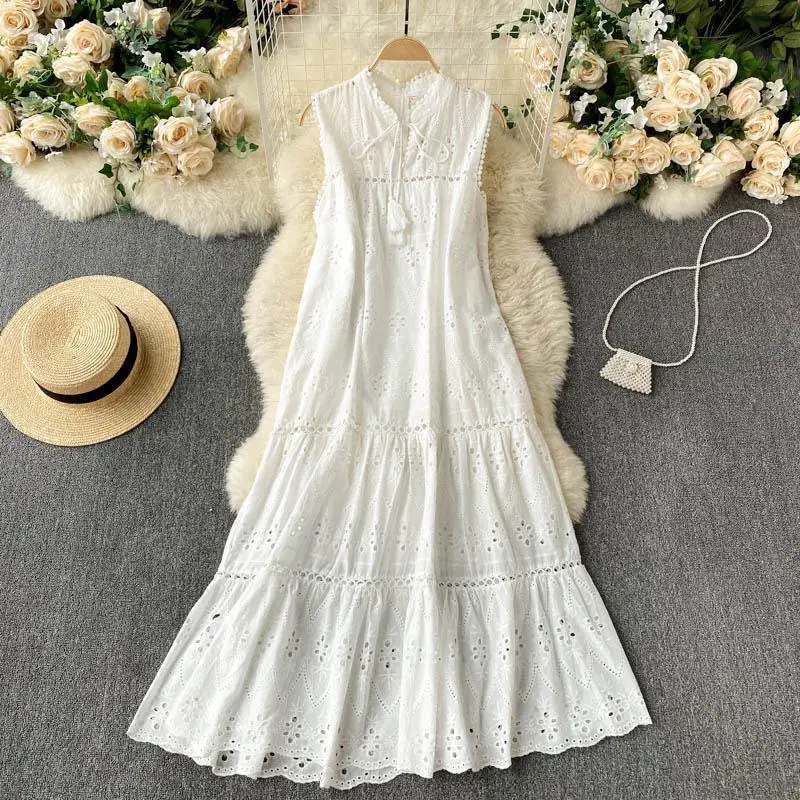 

Bohemian Dress Women Summer Sleeveless Mid-calf Dress Solid Lace-up V-neck Loose Waist Embroidery Hollow Beach Holiday Dresses