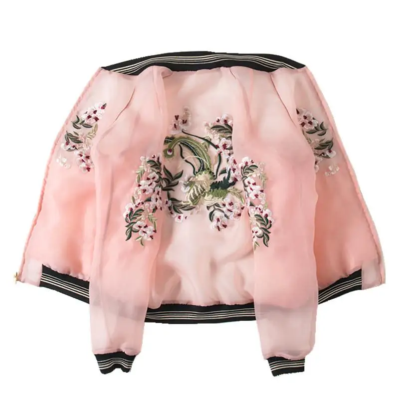 Women Luxury Floral Embroidery Bomber Jacket Perspective Coat Vintage Zipper Streetwear Outerwear Organza Cardigan Tops 2021