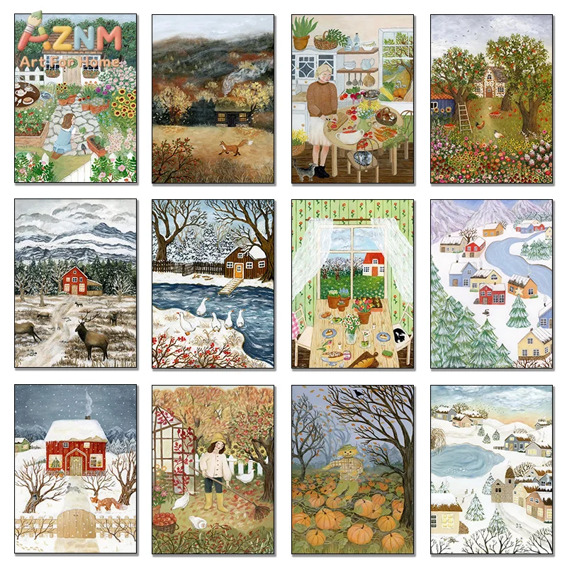 AZNM Folk Country Cottage Canvas Wall Art Four Seasons Rural Farmhouse Illustration Print Frameless Canvas Painting Home Decor P