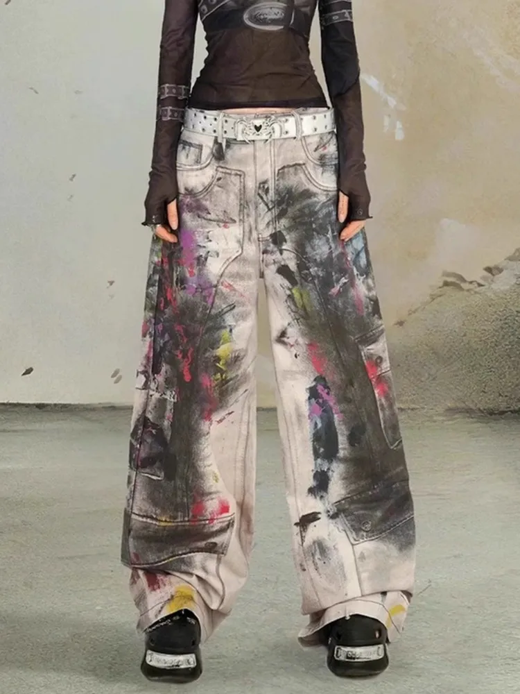 Hip Hop Vintage Graffiti Print Persönlichkeit Jeans Frauen High Street Gerade Hosen Lose Fit Neue Weibliche Casual Denim Hosen