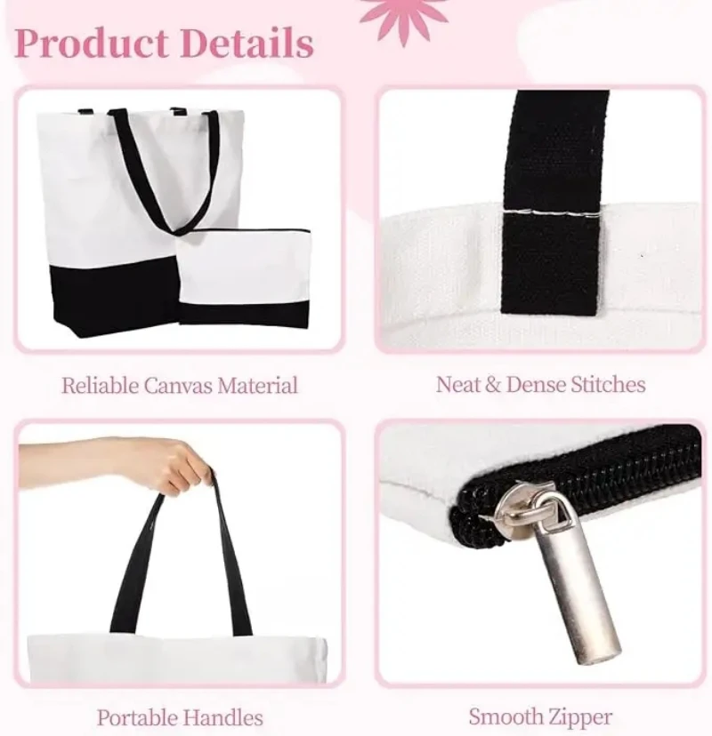 

Сублимационная пустая большая сумка-тоут из хлопка и полиэстера «сделай сам» + косметичка, многоразовая модная двухцветная косметичка для покупок