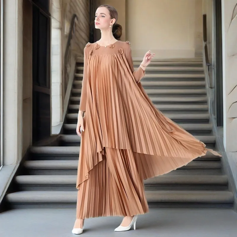 

Miyake Pleated Pants Set 2025 Fall Mid-length Beaded Long-sleeved Pleated Set High Waist Thin Pleated Wide Leg Pants 2-piece Set
