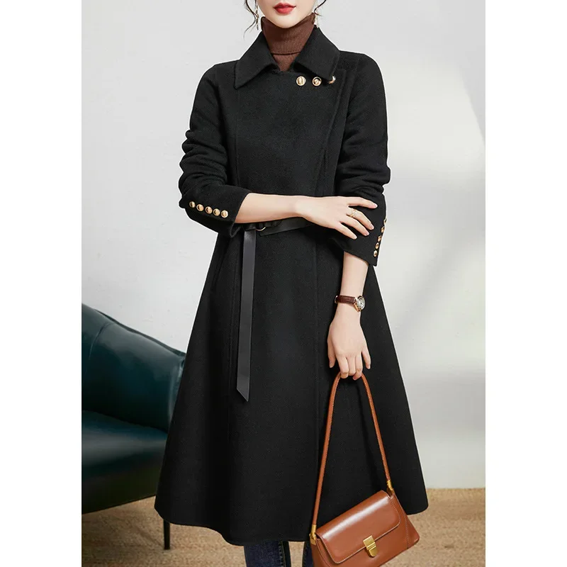 Double-sided cashmere coat women's medium and long woolen coat Hepburn style 2023 autumn and winter new British style wool coat