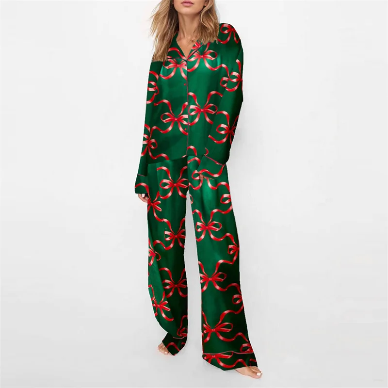 Hirigin Weihnachts-Pyjama-Sets für Damen, 2-teilig, Loungewear, Langarmshirts mit Schleife/Weihnachtsmann/Baum-Aufdruck, Oberteile und Hosen, Nachtwäsche-Outfits