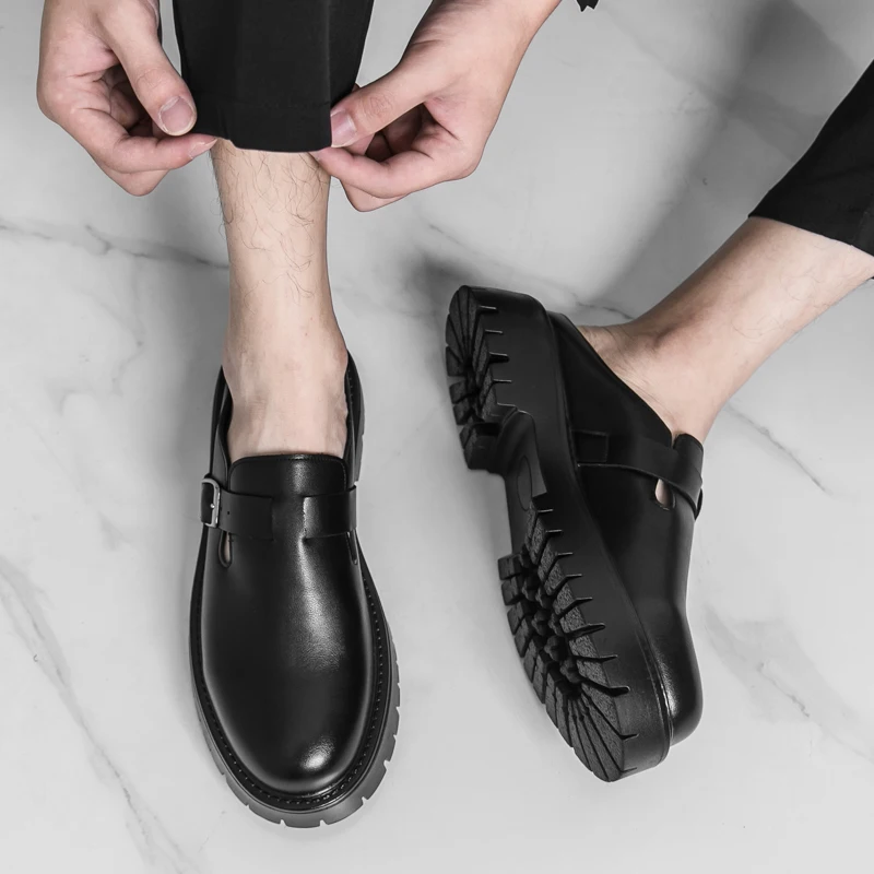 

Summer New Comfortable Foot Set Non Slip Half Slippers Fashion Brand Classic Thick Soled Height Increasing Casual Leather Shoes