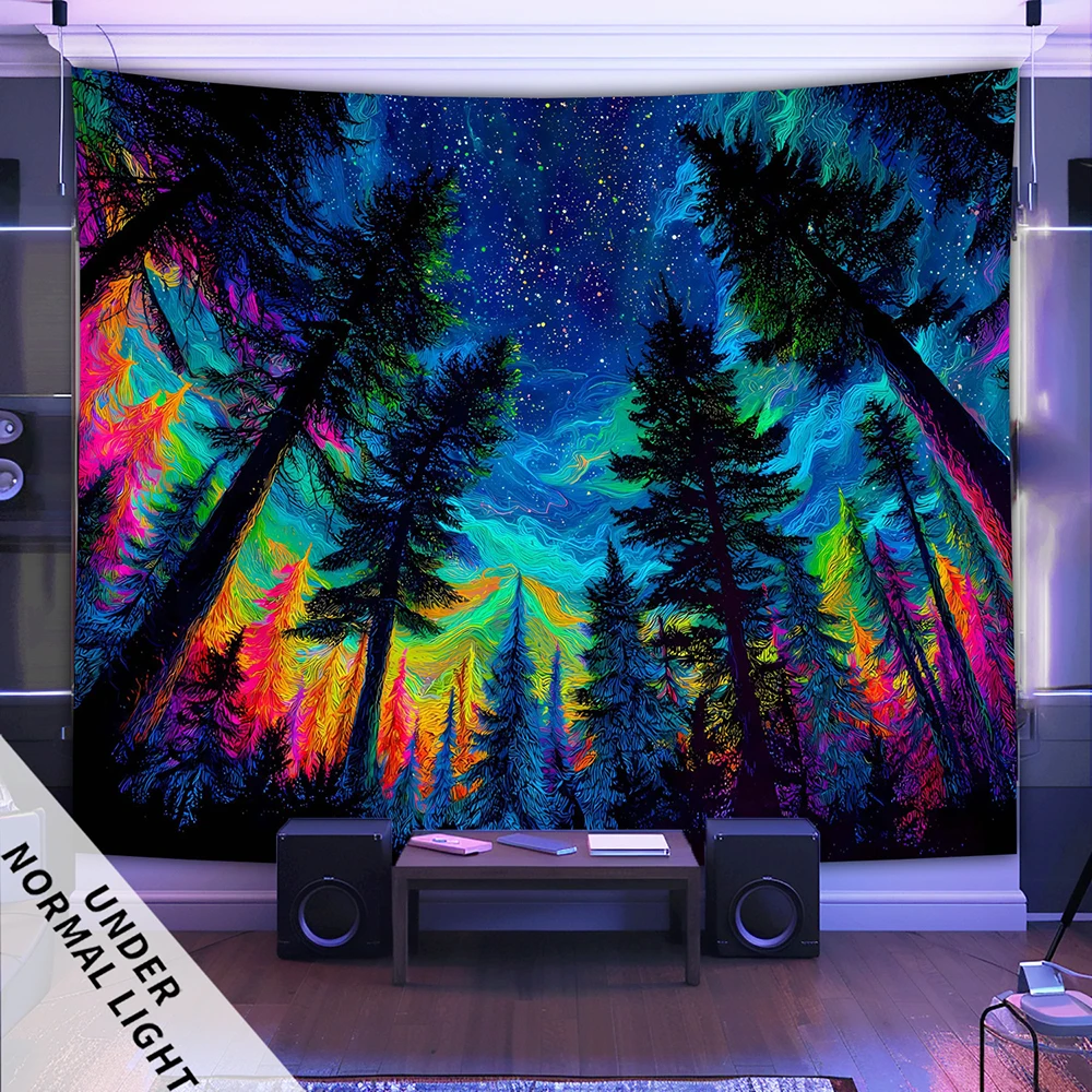 1pc  Neon Forest Northern Lights Blacklight Tapestry, UV Reactive Starry Sky Wall Hanging for Bedroom Living Room Dorm Decor