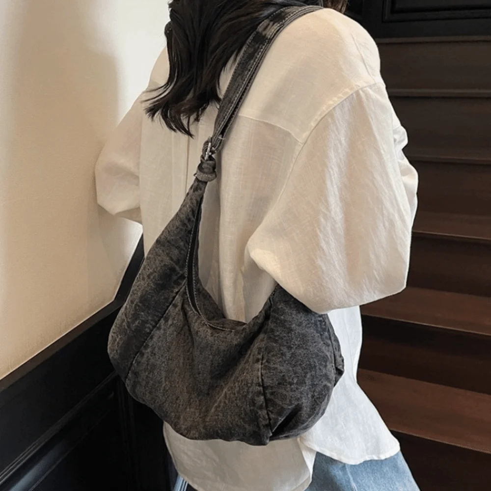 

Korean Vintage Denim Shoulder Bag Versatile Large Capacity Hobo Sling Bag Cross Body Zipper Satchel Bags Unisex