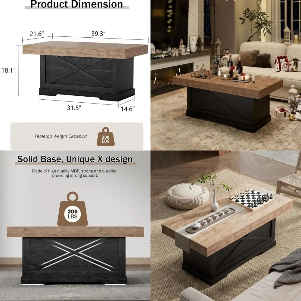 

Rustic X-Design Pedestal Coffee Table, 39 Rectangle, Dark Oak Black, Space-Saving for Living Room & Home Office