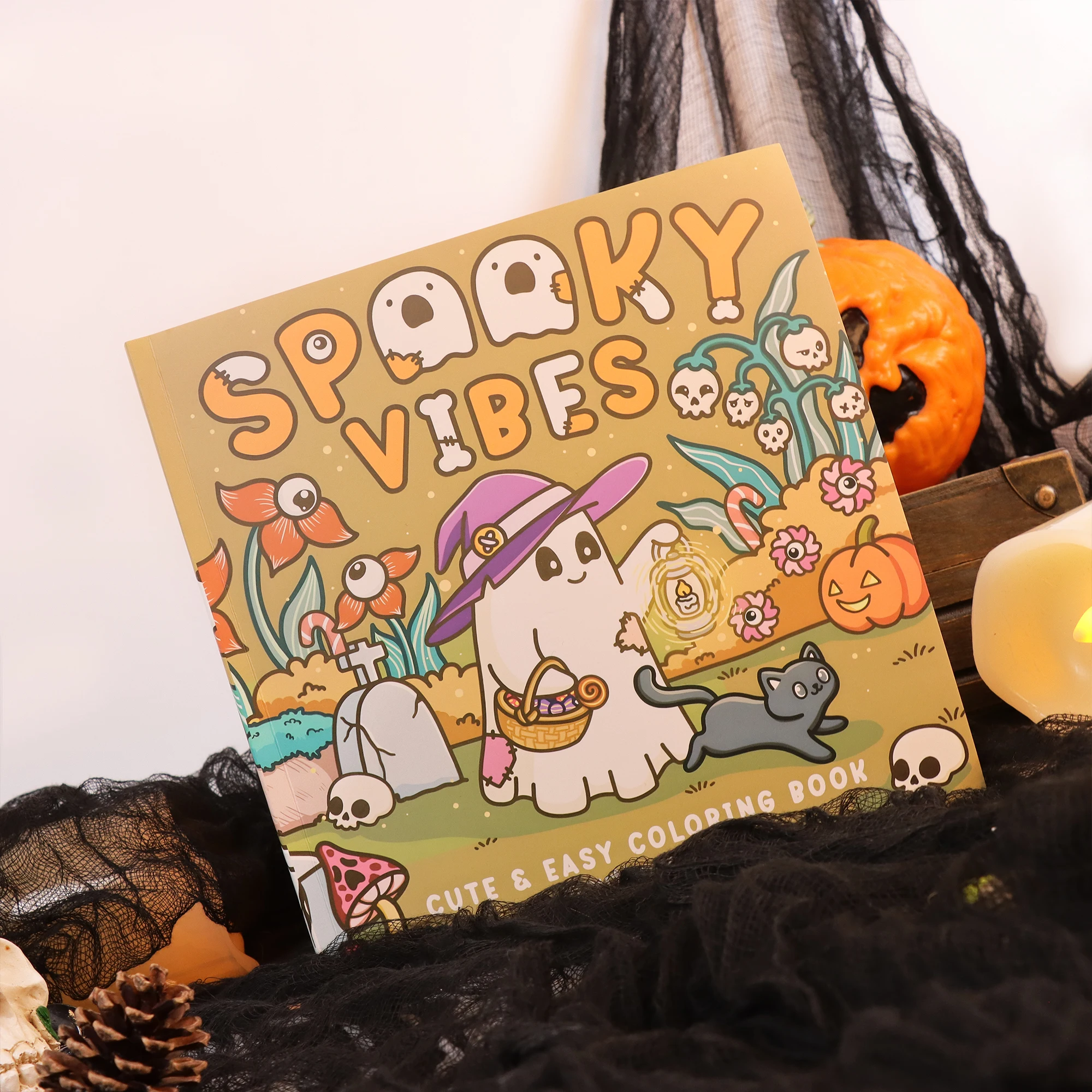 Spooky Vibes Cute & Easy Coloring Book, Halloween Ghost Witch Pumpkin Black Cat Coloring Pages, Cozy Gothic Coloring Book for Ad