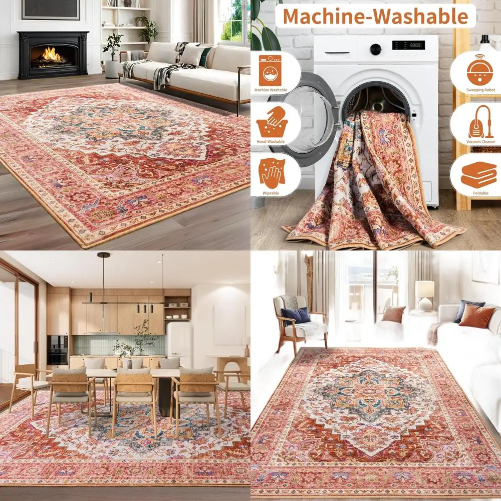

Vintage 6x9 Area Rugs - Machine Washable, Non-Slip Low Pile for Living Room, Bedroom, and More in Orange