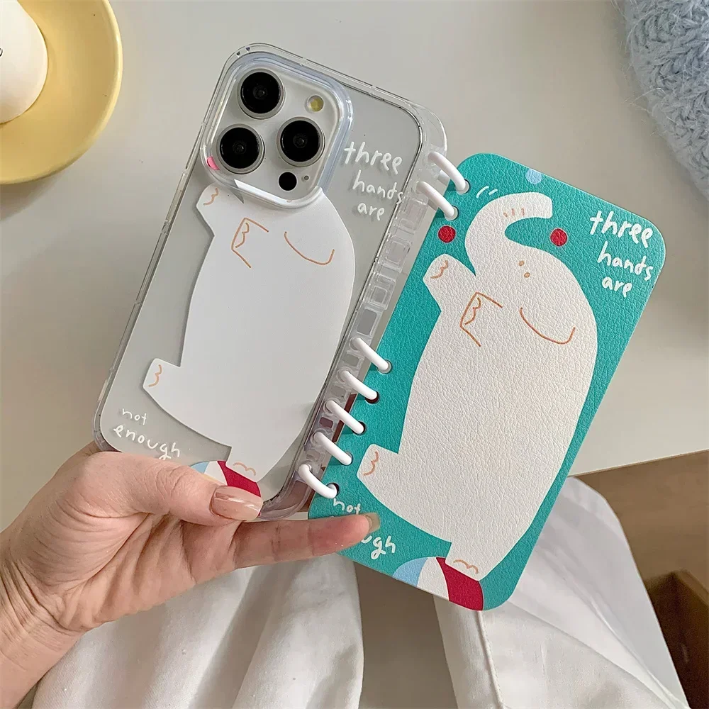 Cute Elephant Rabbit Spiral Notebook Style Flip Phone Case For iPhone 16 Pro Max 15 14 13 Crad Slot Holder Stand Leather Cover