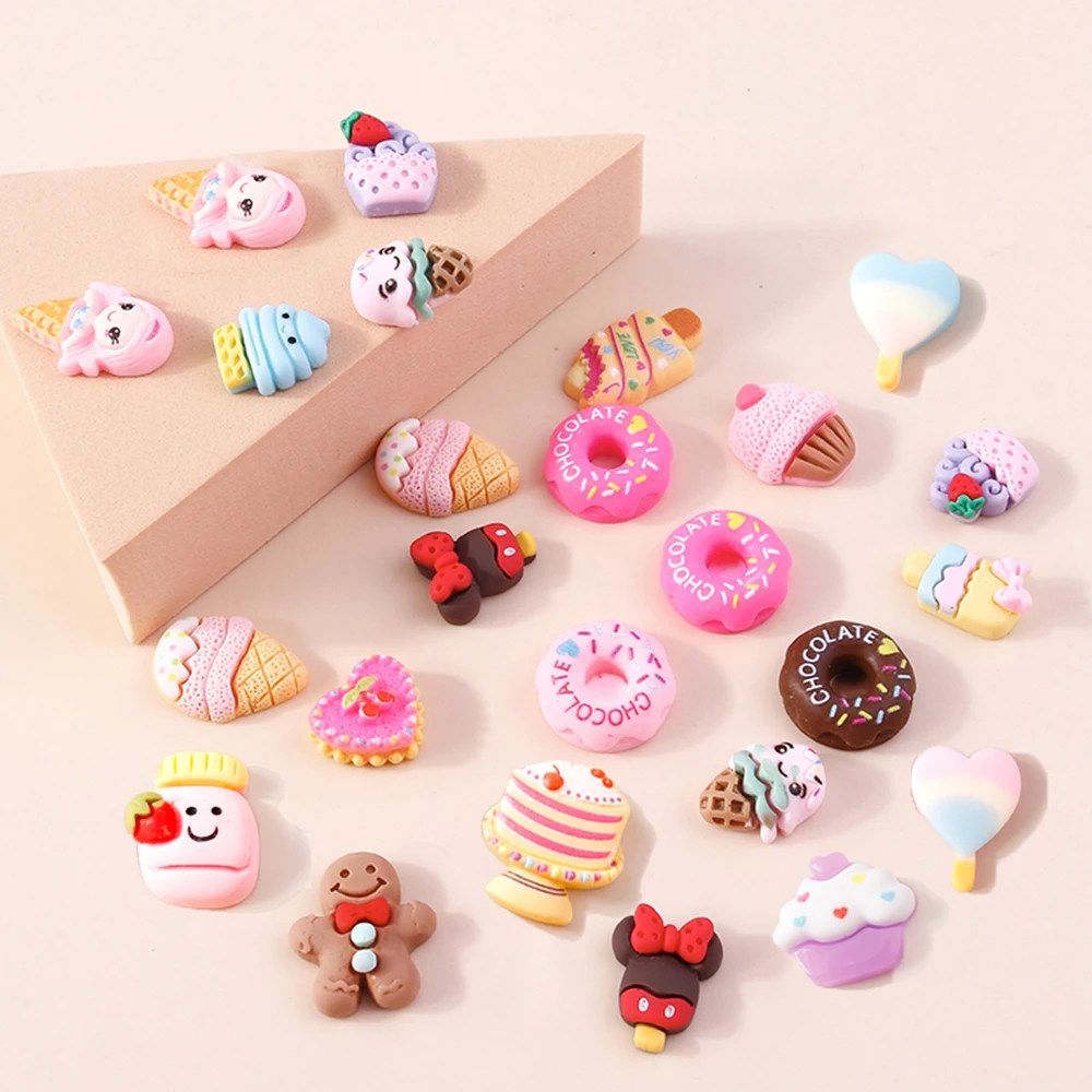 

Leslie 10Pcs Cute Mini Cake Ice Cream Popsicle Donuts Flat Back Resin Cabochons Scrapbooking DIY Jewelry Hairpin Decoration