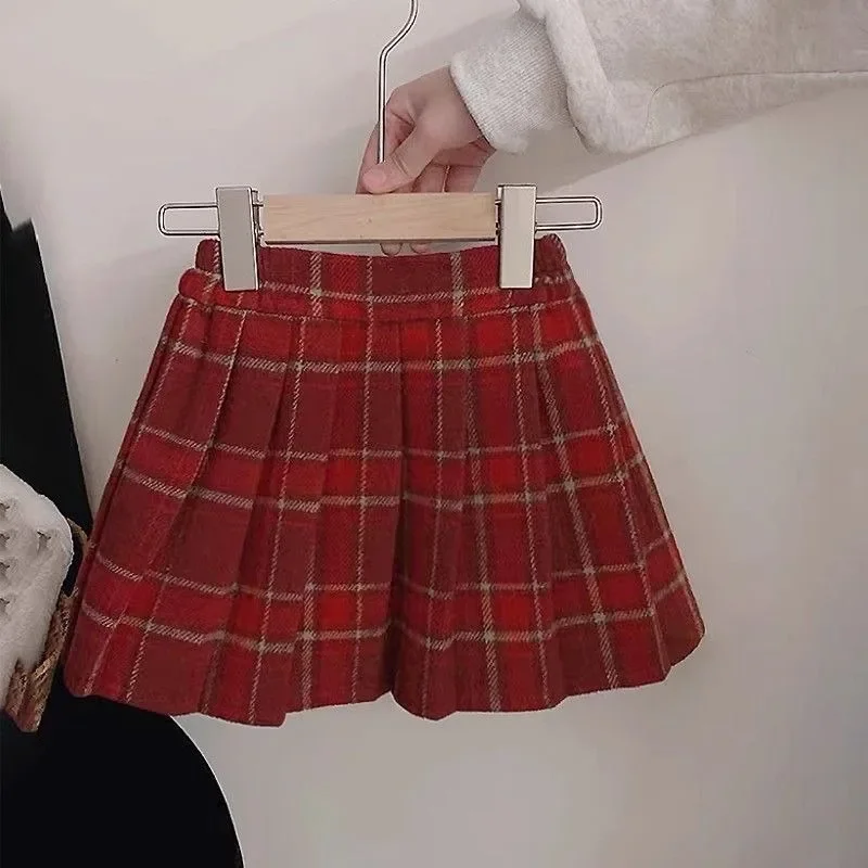 Girls' Korean Style Autumn Winter 2025 New Red Plaid Pleated Skirt Kids' Matching Set Half Length Short Skirt with Safety Pants